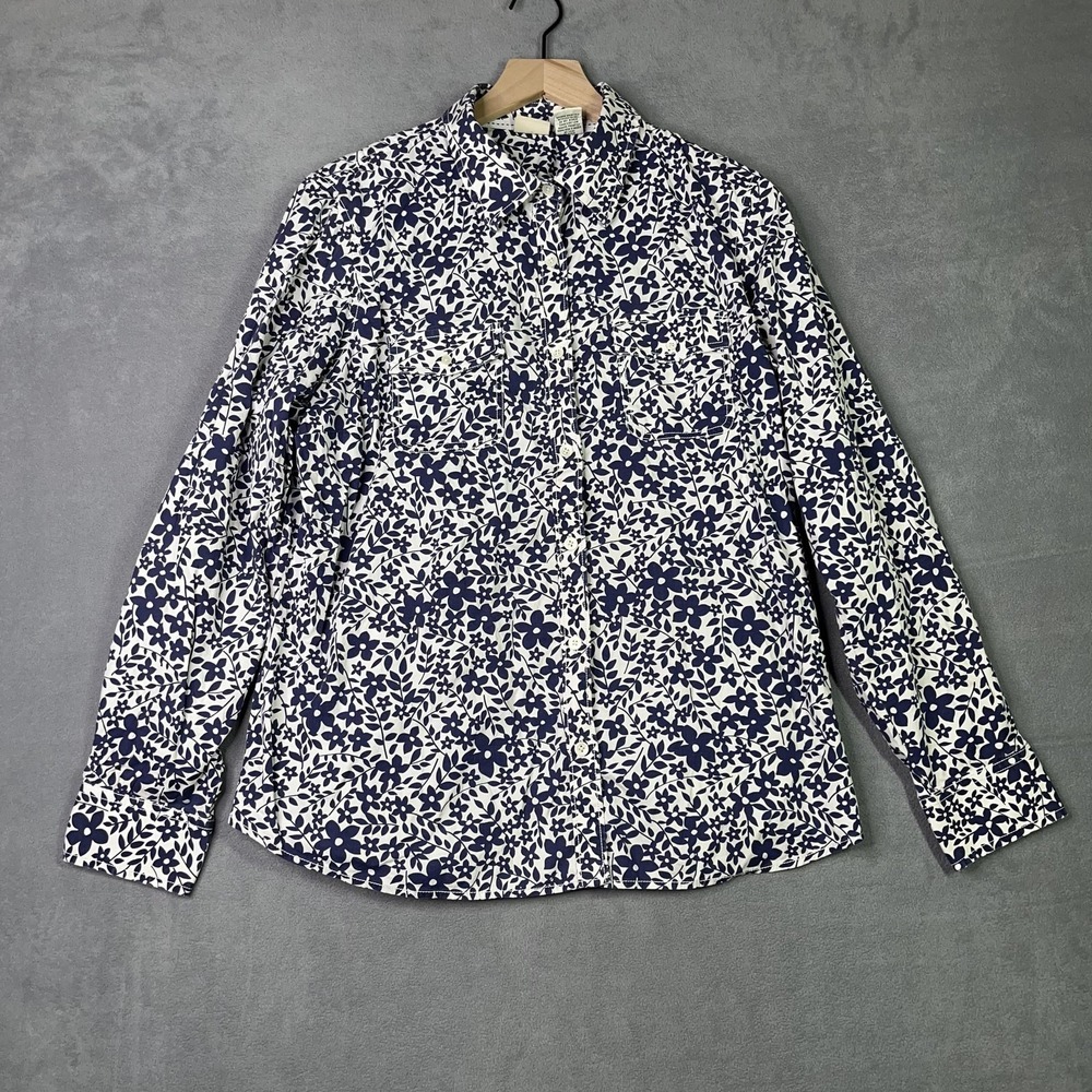 L.L. Bean Button Up Shirt Navy Floral Roll Tab Sleeve Women XL